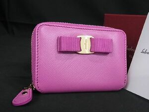 1円 Salvatore Ferragamo フェラガモ KM-22 C135 ヴァラリボン レザー ラウンドファスナー カードケース コインケース ピンク系 BG3907