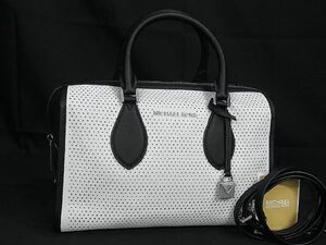 1円 ■美品■ MICHAEL KORS マイケルコース レザー パンチング 2WAY クロスボディ ミニボストンバッグ ショルダー オフホワイト系 AR9841