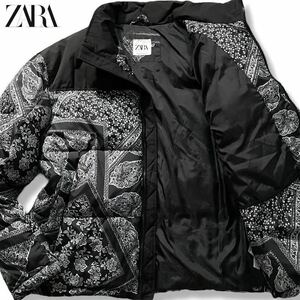 極美品/XL-3L●現行タグ ZARA ザラ ダウンジャケット ブルゾン 中綿 ペイズリー バンダナ 総柄 オーバーサイズ 大きいサイズ 黒 ブラック