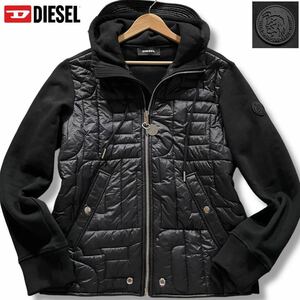 極美品/L相当●DIESEL ディーゼル 中綿ナイロン切替 パーカー フード ジップジャケット チャーム ロゴエンボスデザイン ブレイブマンパッチ