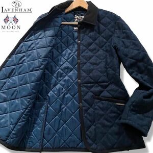 未使用級/限定品●ラベンハム×ムーン社 別注 キルティングコート ジャケット LAVENHAM MOON 中綿 ネイビーブルー 裏地ロゴ総柄 Mサイズ