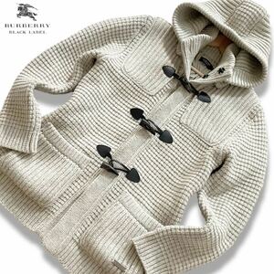 極美品/Lサイズ●バーバリーブラックレーベル 圧縮ニット ダッフルコート ジャケット BURBERRY BLACK LABEL ロゴプレート 水牛角 トグル