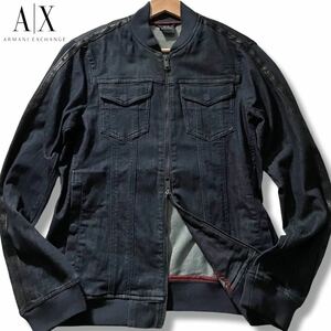 極美品/L相当●アルマーニ エクスチェンジ デニムジャケット ボンバー ダブルジップ ブルゾンMA-1 ARMANI EXCHANGE ストレッチ ロゴテープ