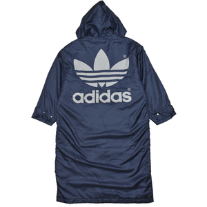 90s vintage adidas アディダス デサント 日本製 ベンチコート 裏パイルフリース ビッグ トレフォイルロゴ ネイビー size.M 