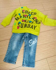 子供服 KIDS110cmコーデ売りデニムトレーナー古着風おしゃれ スプラ風長袖Tシャツ 長ズボン