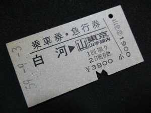 ■国鉄 乗車券・急行券 白河→東京山手線内 3800円 S59.9.3 裏面に僅かなスジあり