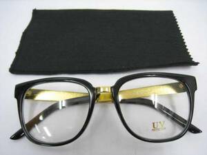 黒ぶち 眼鏡 伊達メガネ めがね 2856 ブラック ゴールド 黒 金 UVプロテクション