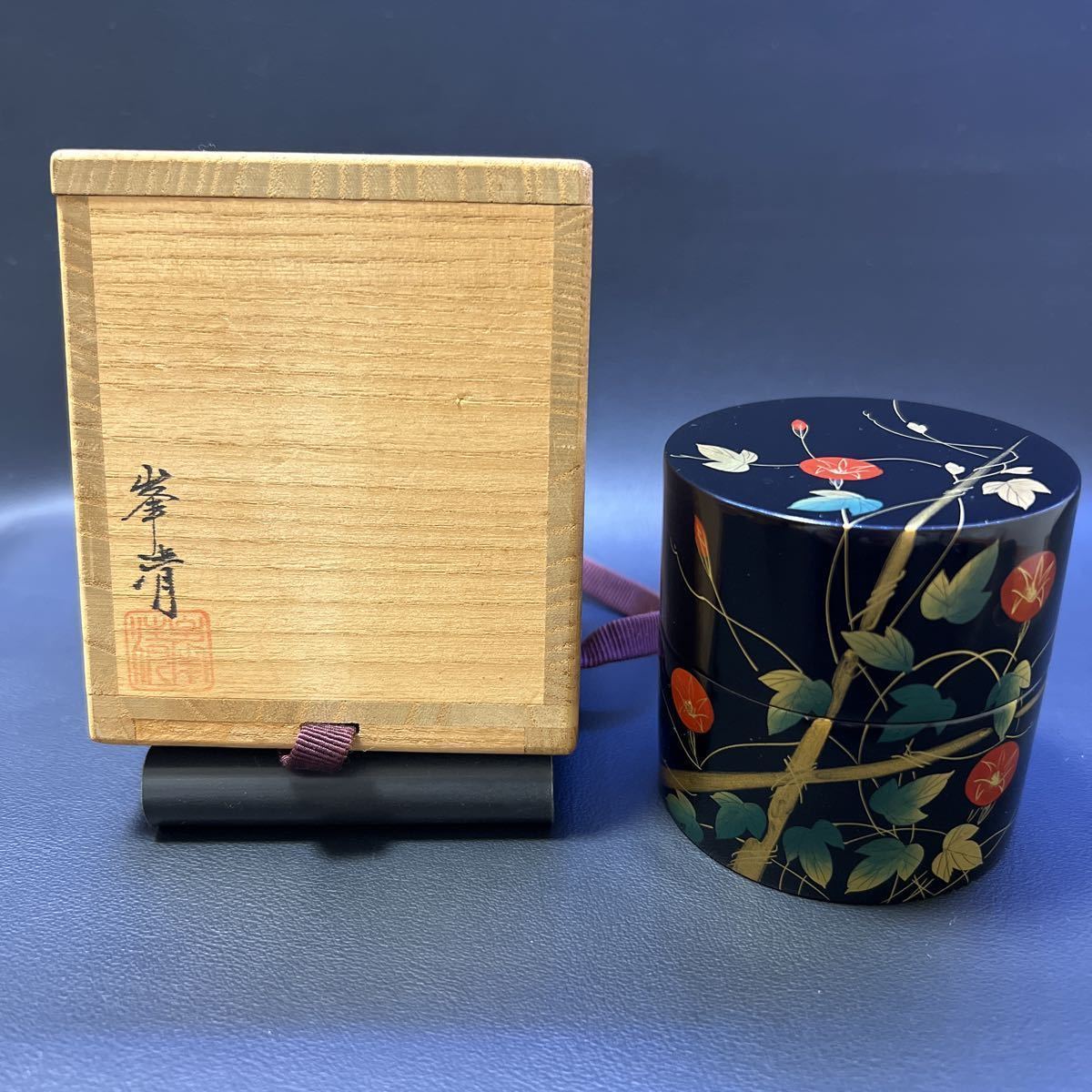 室町勝廣 彩時磁朝顔文合子 共箱 / 陶筥 蓋物 丸型 あさがお-