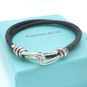 【送料無料】 極希少 美品 Tiffany&Co. ティファニー ノット ダブル ブラック レザー シルバー ブレスレット AG925 SV 2連 メンズ OS78