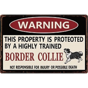 A2811　メタル　サイン　ブリキ　看板　金属 製　プレート　注意　警告　危険　防犯　動物　ペット　犬　番犬　猛犬　ボーダー コリー 4628