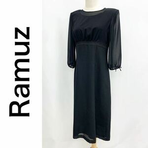 Ramuz ラミューズ ワンピース 七分袖 シースルー 東京ソワール リボン ブラックフォーマル 冠婚葬祭 喪服 礼服 黒 ブラック サイズ 11 L