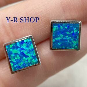  blue fire - opal. square type earrings * lady's silver accessory color stone new goods gem Y-RSHOP wholesale present 