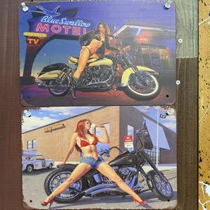 2枚 新品 壁掛けプレート バイク女子 セクシーガール アメリカン バイカー ビキニ美女 金属パネル 壁飾り インテリア ブリキ看板 ガレージ