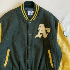 希少! 80s Athletics 袖レザー スタジャン USA製 ビンテージ PYRAMID ウール ジャケット OAKLAND アスレチックス MLB 70s 90s