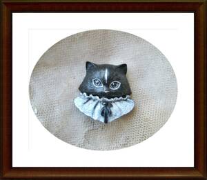 Art hand Auction Colored 3D painting, brooch style, black cat from Wonderland, Kuroneko, black cat, Wonderland, by Aquilax, made by Atelier Gepetto studio, Painting, watercolor, Animal paintings