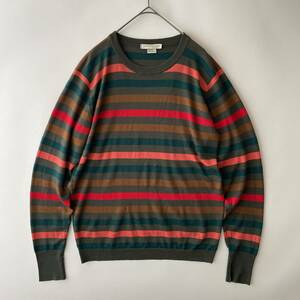 【英国製】JOHN SMEDLEY size/S (ita) ジョンスメドレー ハイゲージニットセーター クルーネック マルチボーダー カーキ オレンジ knit UK