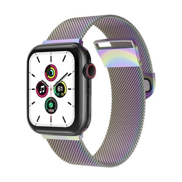 虹色 42/44/45/49mm/Ultra Apple Watch用 バンド ステンレス製 長さ調節 強力な磁気クラスプ付き