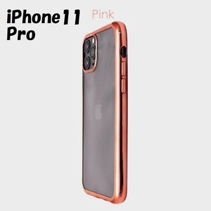 iPhone 11 Pro：メタリック カラー バンパー 背面クリア ソフト ケース◆ピンク 桃