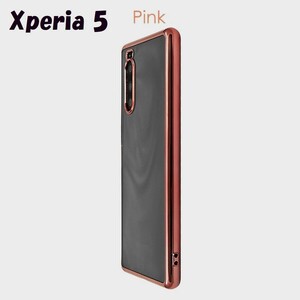 Xperia 5：メタリック カラー バンパー 背面クリア ソフト ケース◆ピンク 桃