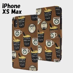 iPhone XS Max：白くま カフェ ロゴ風 手帳型 フリップ ケース★コーヒー ブラウン