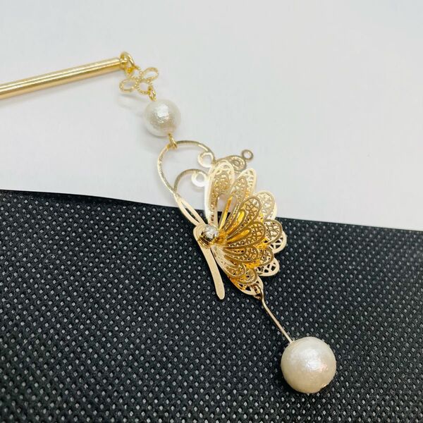 B01 かんざし 蝶簪 コットンパール簪 蝶々簪 蝶々 ヘアアクセサリー