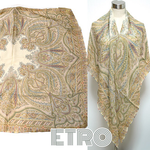 ETRO■美品　135cmペイズリー柄超大判シルク シフォンショール　ストール　スカーフ イタリア製　エトロ　ベージュ