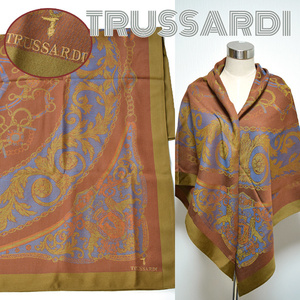 TRUSSARDI■美品　ロゴ刺繍入り大判ストール ショール トラサルディ ウール　ヴィンテージ　ブラウンカーキ