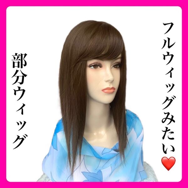 高品質 部分 ウィッグ 医療用 ミディアムストレート ヘアピース 小顔 かつら 前髪: ナチュラルブラウン 超軽量 白髪隠し 茶色