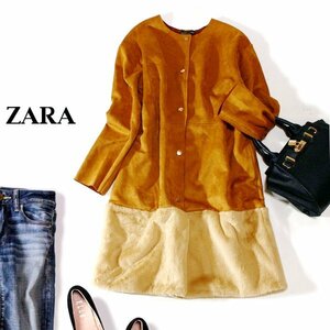 ☆☆ 美品 ザラ ZARA W/B ☆☆ ゆったり可愛い ファー切り替え フェイクスウェード ノーカラーコート M 秋 合服 23A10