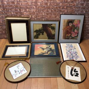 Ｎ 2224　[ 額縁　9点　色々まとめて！！]　中古品　現状品　色紙用 丸形 飾り 木製 サイズ多種　作品あり 現状品 保管品