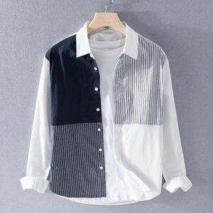 長袖シャツ 新品 メンズシャツ 切替 Tシャツ ワイシャツ スリム 微ストレッチ性 紳士 ストライプ柄 レギュラーシャツ 白系 M~3XL