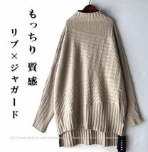 Jill.C*［新品］ 送料185円 伸縮◎太リブ×ケーブル柄ジャガード織 切替え*もっちり質感ニット*プルオーバー*チュニック3633.BEIGE_画像1