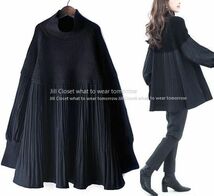 Jill.C［新品*ブラック］ 送料185円 伸縮◎異素材切替え*リブニット×ブリーツdesign*プルオーバー*チュニック*ブラウス3167.b_画像1