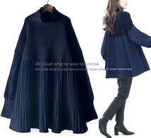 Jill.C［新品*ネイビー］ 送料185円 伸縮◎異素材切替え*リブニット×ブリーツdesign*プルオーバー*チュニック*ブラウス3167.NAVY_画像1