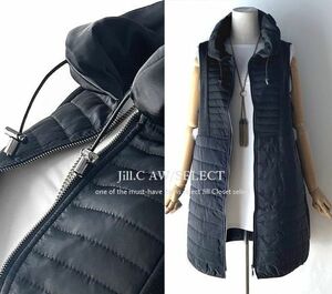 Jill.C*［新品*ブラック］ 送料185円 伸縮◎ 薄中綿キルト＆裏シャギー*調整コード付*重着レイヤード*フロントジッパー*ロングベスト3664.