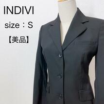 【美品】INDIV インディヴィ テーラードジャケット 肩パッド付き シングル レディース オフィス 大人女子 ウール100％ 美シルエット_画像1