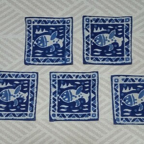 アジアン雑貨 インド製 藍染めプリントコースター (さかな5枚)