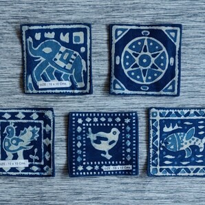 アジアン雑貨 インド製 藍染めプリントコースター (柄いろいろ 1) ５枚
