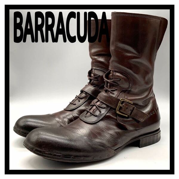 BARRACUDA (バラクーダ) ブーツ キャップトゥ ロングノーズ サイドジップ ストラップベルト レザー ブラウン 40 25.5cm シューズ イタリア