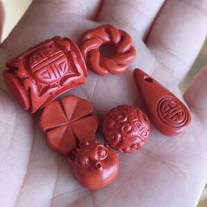 天然レッド辰砂(赤砂)精工彫刻DIY単品 6点セット(番号A3068)