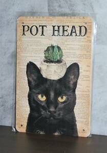 ブリキ看板　黒猫　クロネコ　多肉植物　ガーデニング　