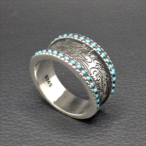 [RING] Silver Turquoise ヴィンテージ シルバー ターコイズ ブルー ドット 縁取り ペイズリー柄 彫刻 デザイン リング 19号 【送料無料】