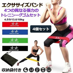 即納 エクササイズバンド 4本セット ヨガストラップ トレーニングゴムバンド トレーニングチューブ ループバンド フィットネス 収納袋付き