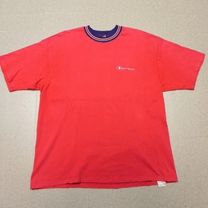 90s USA製 champion チャンピオン 半袖 Tシャツ リブライン Lサイズ 古着 エンジ系 赤系 ★c