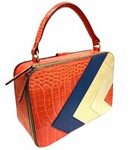 ☆Orla Kiely オーラカイリー　クロコ調　ワンハンドバッグ　オレンジ×スリーカラー アップリケレザー_画像1