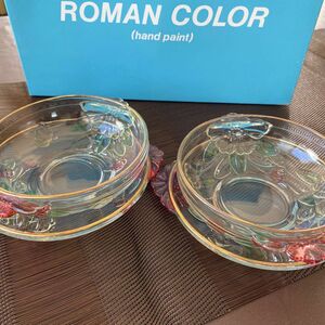 ROMAN COLOR ガラス皿 サラダボウル　ガラスボール　　ソーサーセット　受け皿　　手描きシリーズ　hand paint 