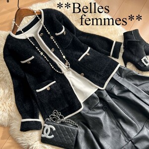 ★Belles*★新品M～L★*上品可愛い*ふわふわシャギー肉厚ニットジャケット*ゴールドボタンカーディガン*2177黒*大人カジュアル* シャネル風