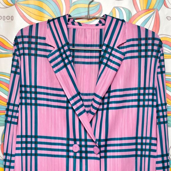 プリーツ ヴィンテージ カーディガン 緑 ピンク 総柄 チェック柄 pleats 長袖 レトロ カラフル ジャケット トップス