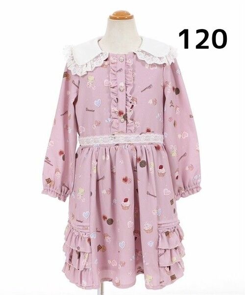 新品タグ付き axes femme kids アクシーズファムキッズ スイーツ柄ロマンティックワンピース ピンク 120 お菓子