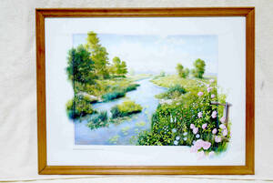 Art hand Auction Peter Motz Wooden glass framed art frame Reproduction print painting Landscape that pops out of the frame Nature Spring stream Quiet plateau Flowers Waterside Path, artwork, painting, others